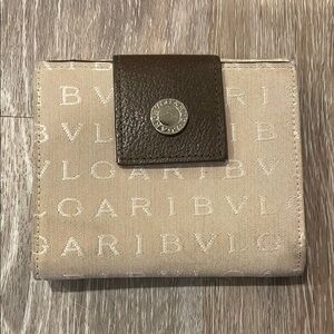 Used BVLGARI double snap compact cloth wallet w/ brown leather, purple cloth